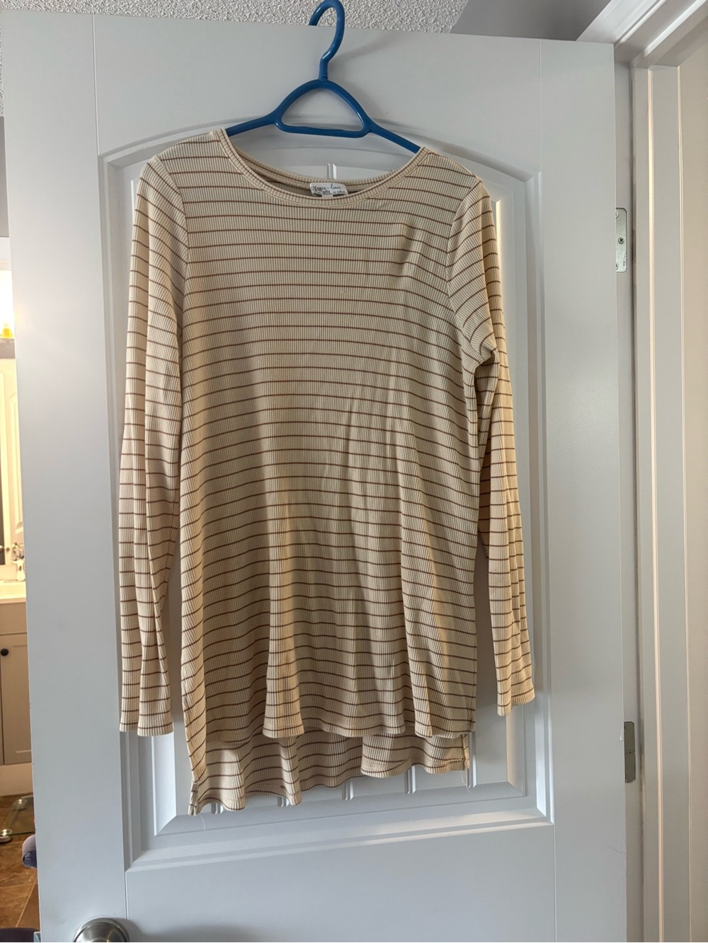 Grace & Lace Cream Long-Sleeve Top with Thin Brown Stripes